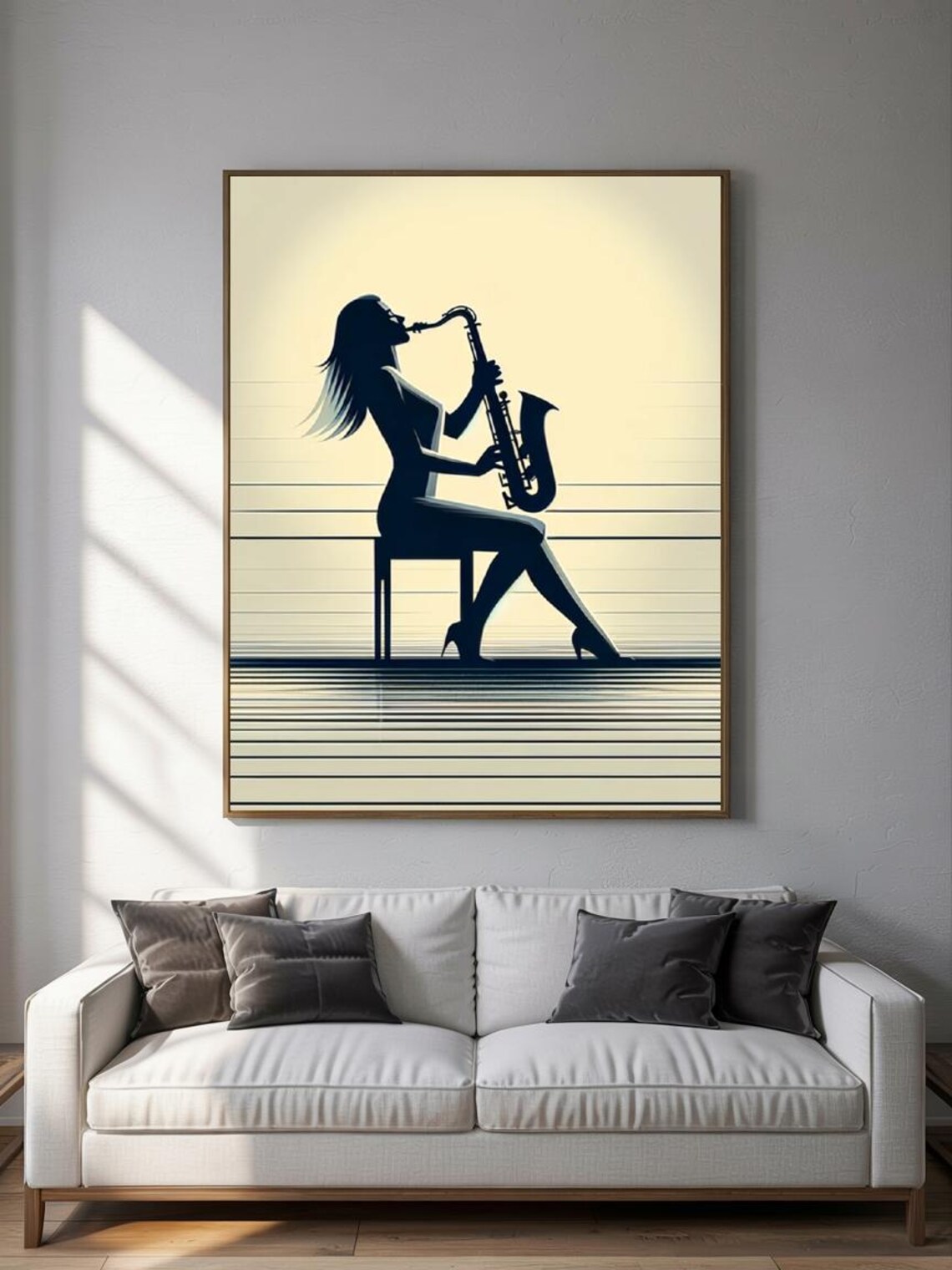Seated Saxophonist Woman Silhouette Sunset Retro Jazz Lounge Print - Image 3