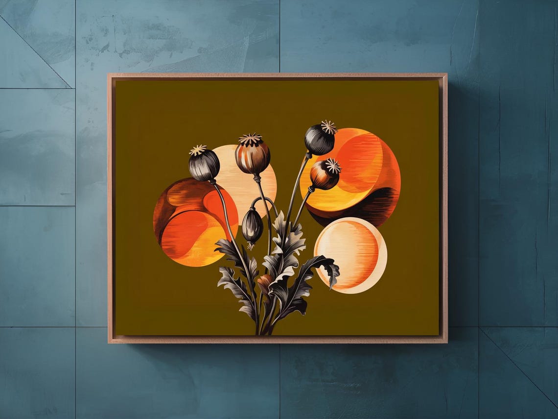 Dried Poppy Pods Sunset Orbs Olive Background Botanical Poster - Image 2