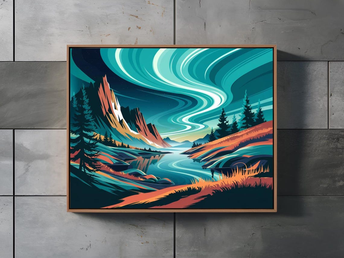 Aurora Borealis Over Mountain Valley Stylized Night Sky Poster - Image 3