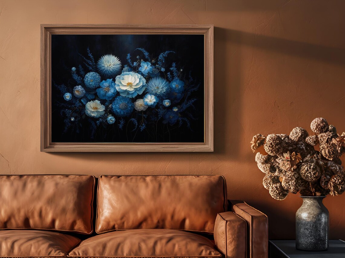 Blue Floral Bouquet Black Background Moody Elegant Flower Poster - Image 3