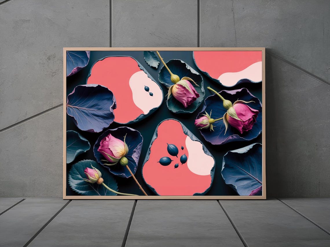Indigo Hues Dry Rose Buds With Coral Abstract Flat Lay Poster