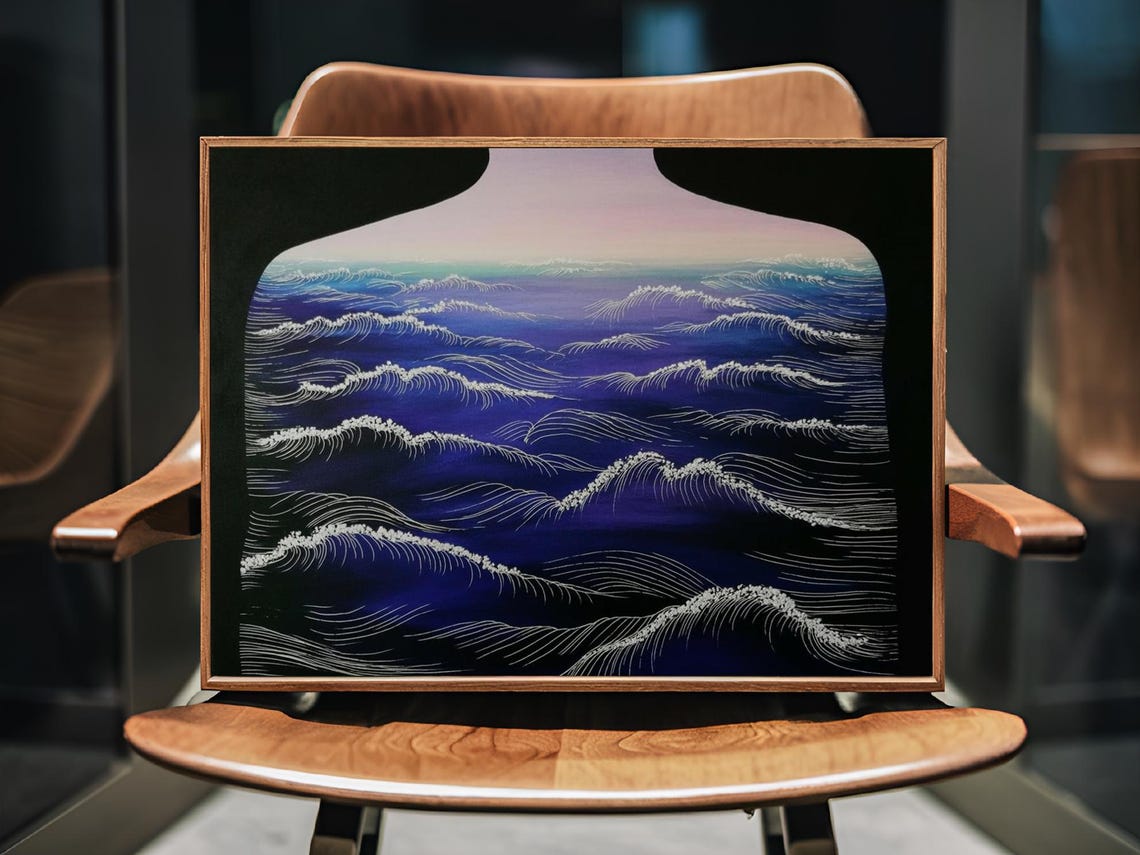 Vast Ocean Silhouette Indigo Waves Through Arch Line Art Poster