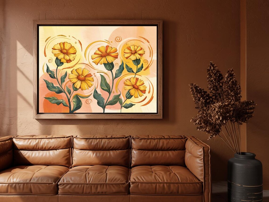 Golden Marigold Flowers With Artistic Swirls Warm Nature Wall Art - Image 3