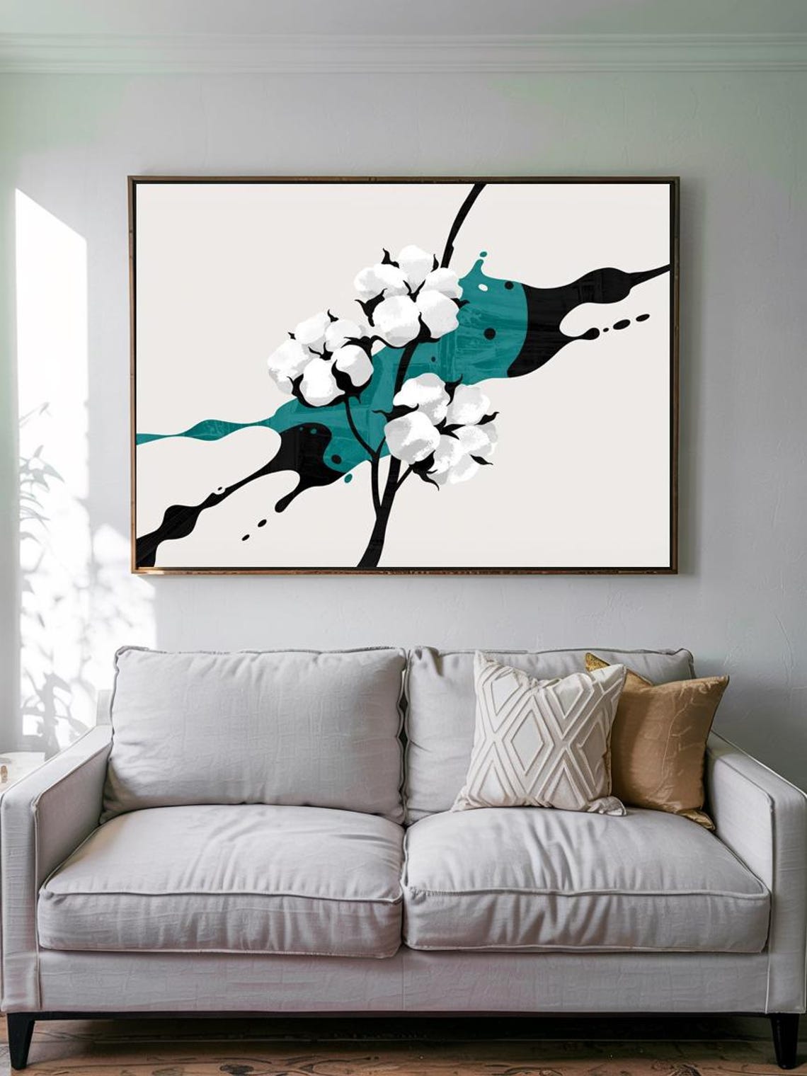 Bleached White Cotton Bolls Teal Black Ink Splatter Art Poster - Image 3