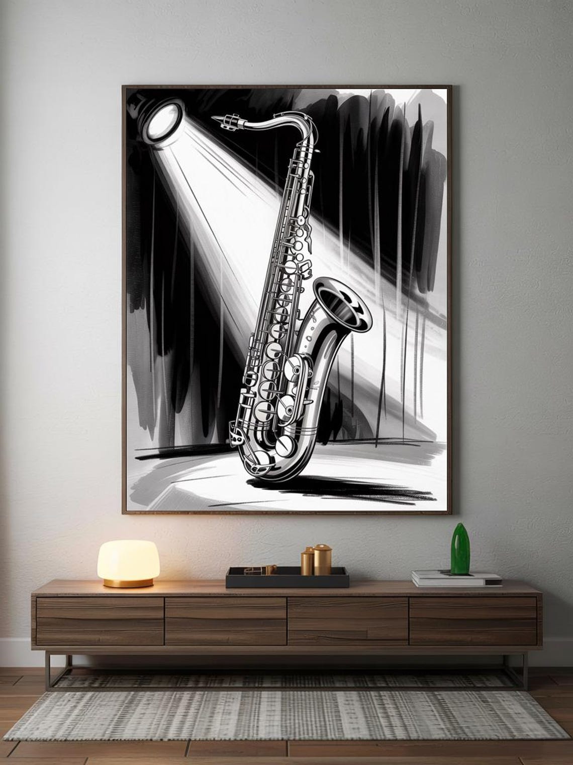 Monochrome Saxophone Standing in a Dramatic Spotlight Beam Poster - Image 3