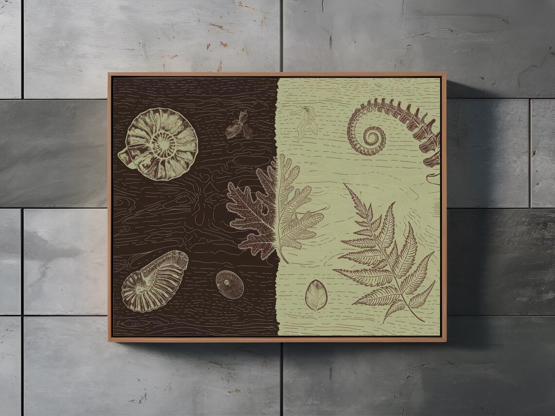 Vintage Ammonite Fossil Fern Botanical Two Tone Line Art Print - Image 2