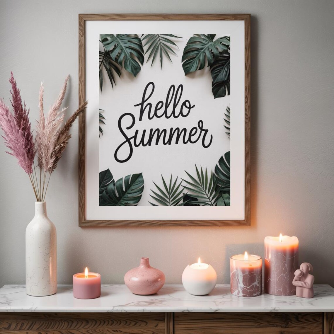 Minimal Tropical Hello Summer Wall Art Monstera Leaf - Image 3