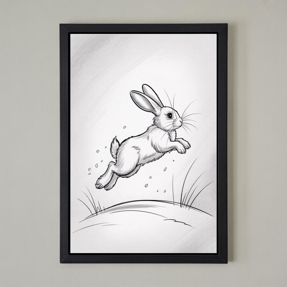 Leaping Rabbit Pencil Sketch Playful Bunny Kids Nursery Wall Art