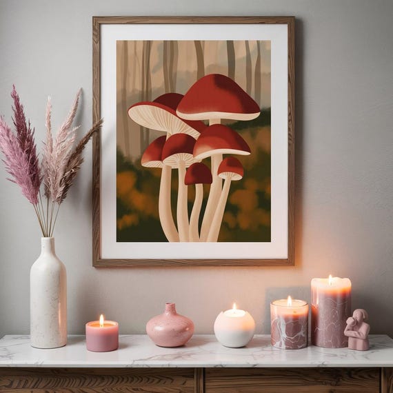 Whimsical Red Mushrooms Forest Nature Wall Art