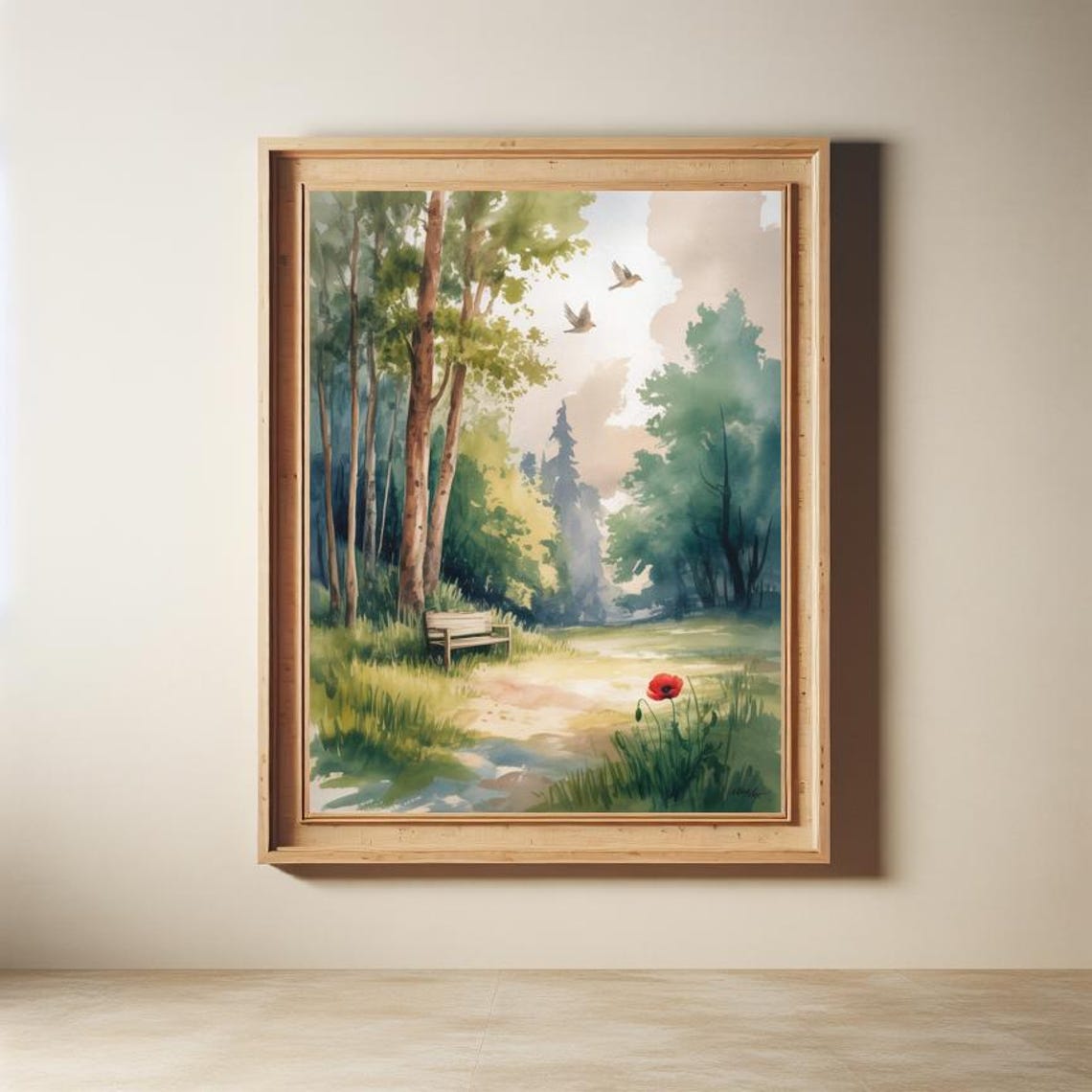 Tranquil Forest Path With Bench Birds Red Poppy Watercolor Poster
