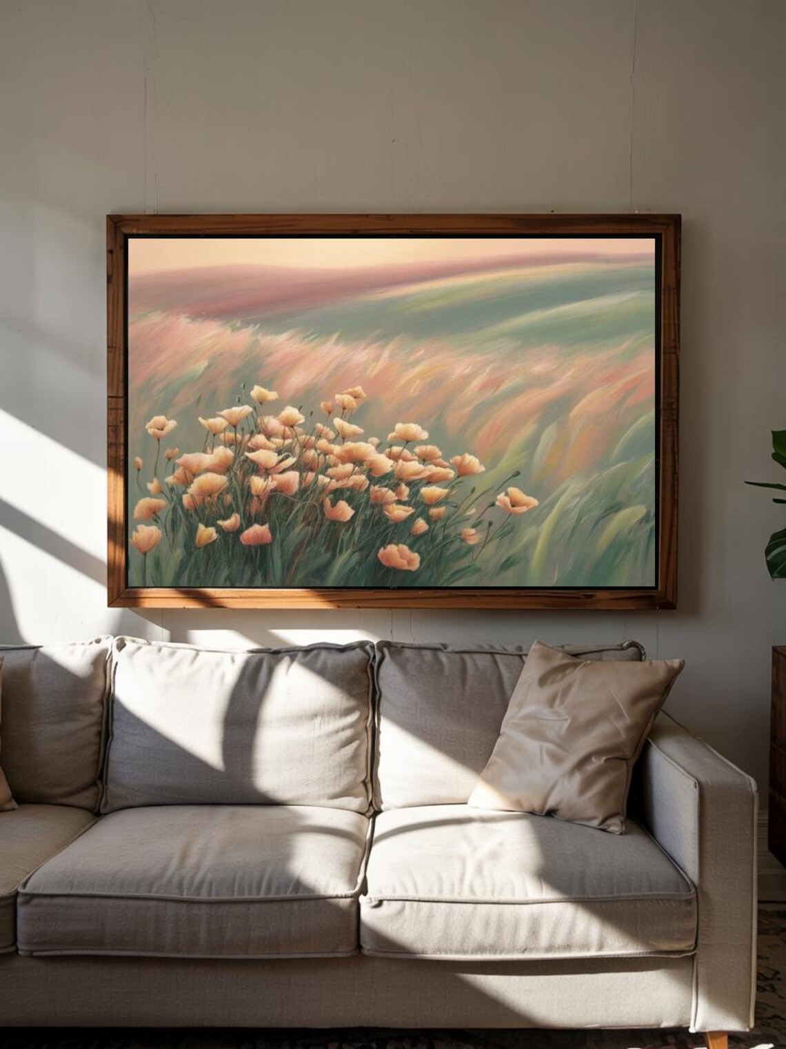 Orange Poppy Field Windy Meadow Pastel Flower Landscape Poster