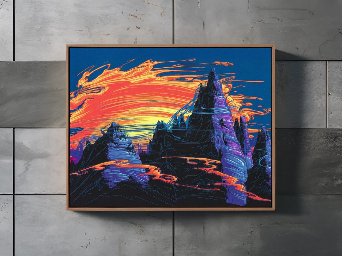 Fiery Sunset Mountain Peaks Orange Cloud Landscape Art Poster - Image 2