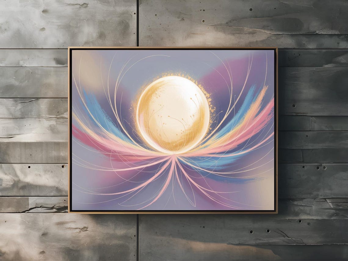 Golden Radiating Orb With Pastel Swirls Lavender Celestial Wall Art