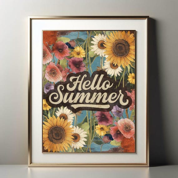 Bold Retro Hello Summer Wall Art Colorful Floral