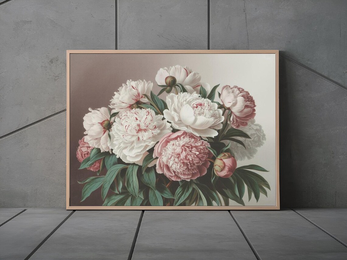Blush White Peony Bouquet Vintage Botanical Romantic Floral Poster