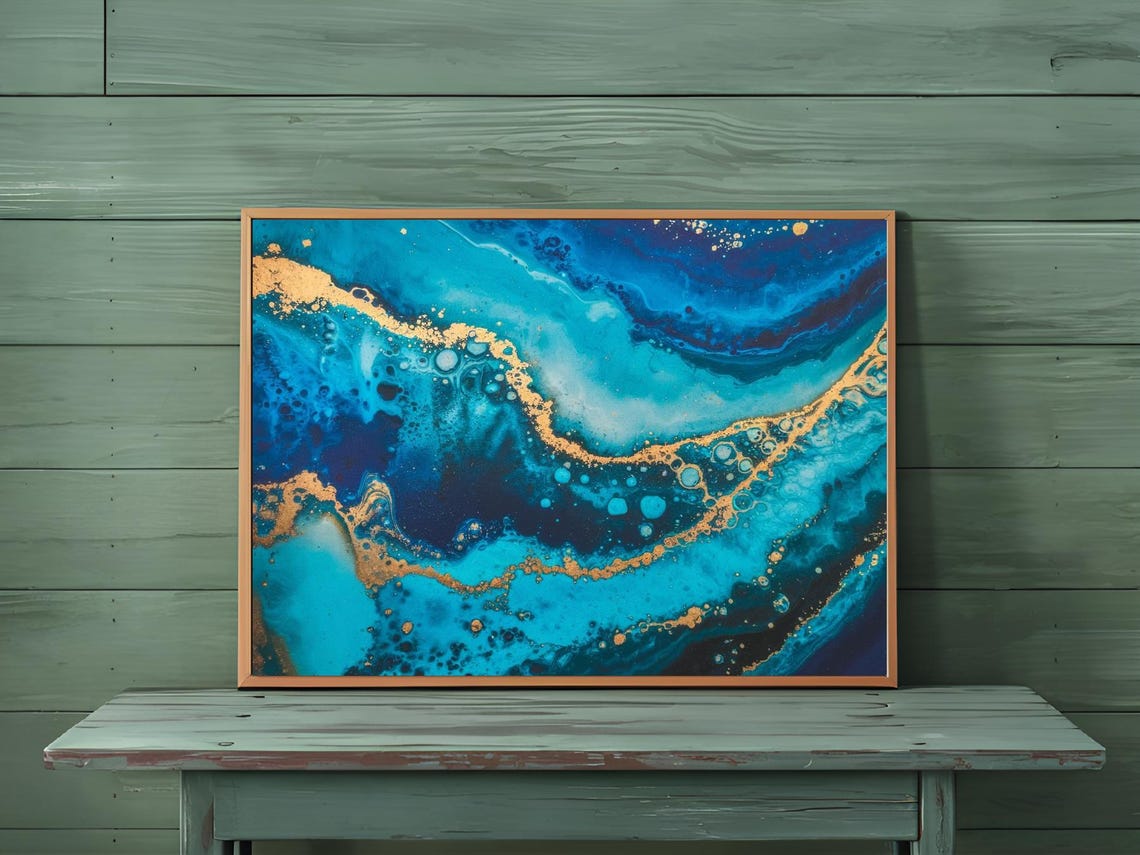 Blue Marble Agate Gold Vein Ocean Abstract Elegant Art Print - Image 3