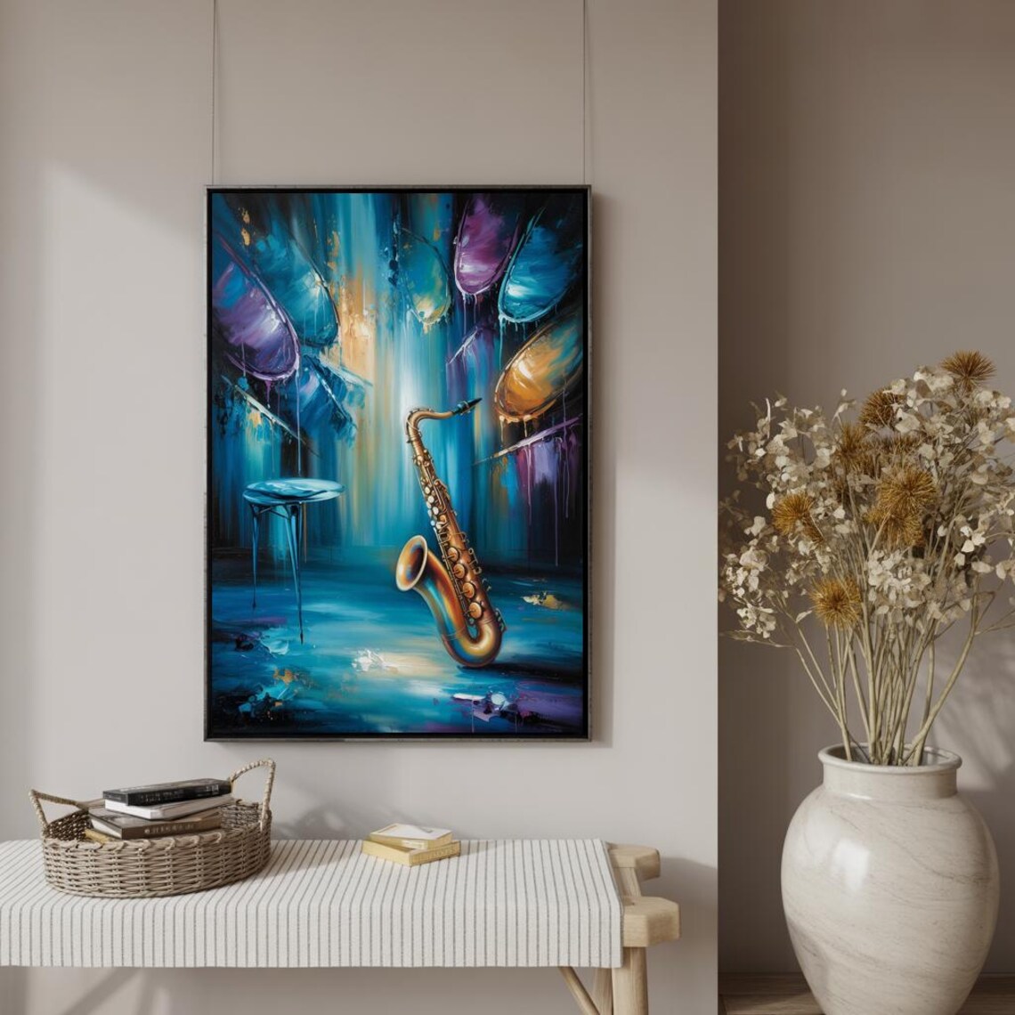 Blue and Gold Abstract Saxophone With Painted Music Shapes Poster - Image 2