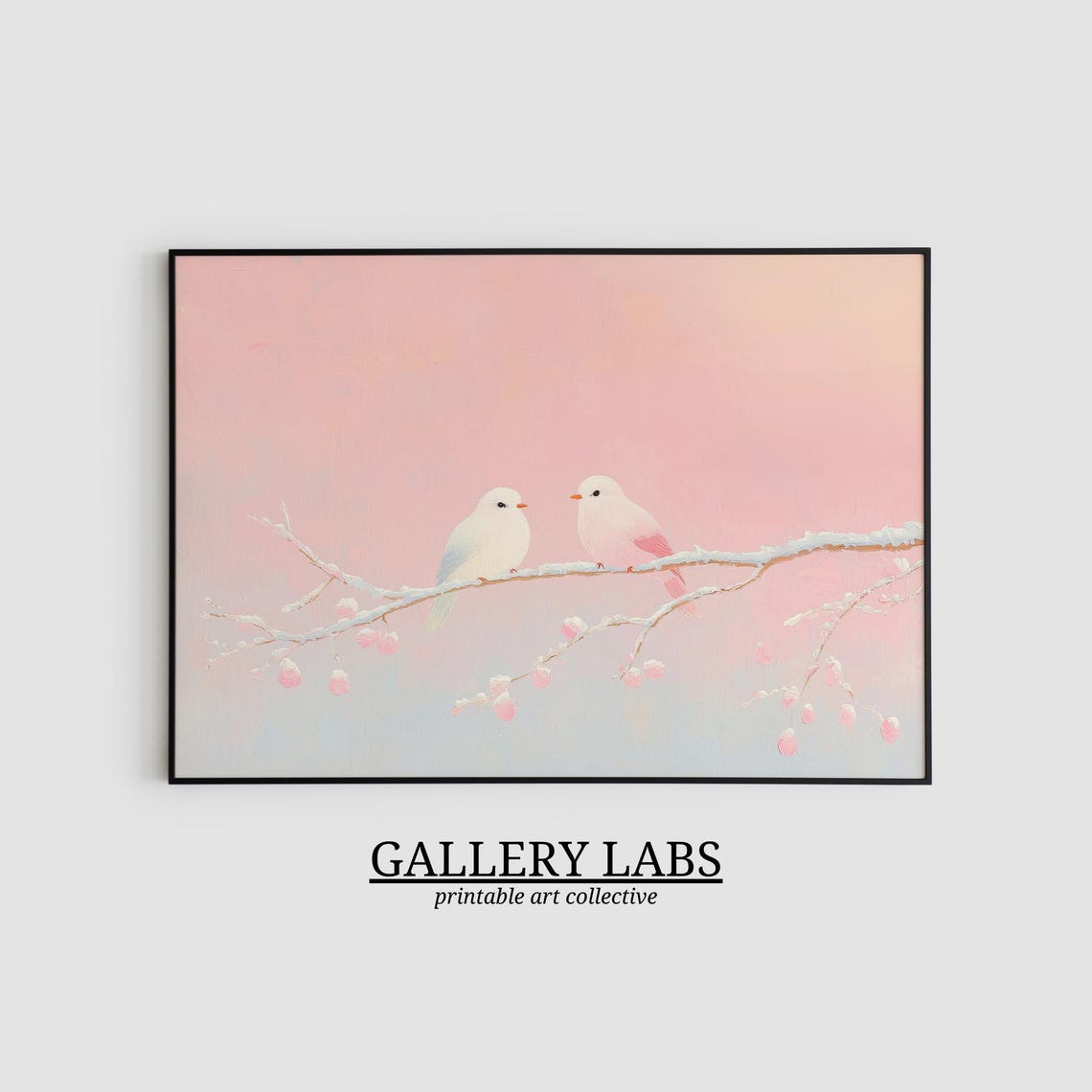 Pink Winter Birds Snowy Branch Pastel Bird Pair Christmas Art Poster - Image 2