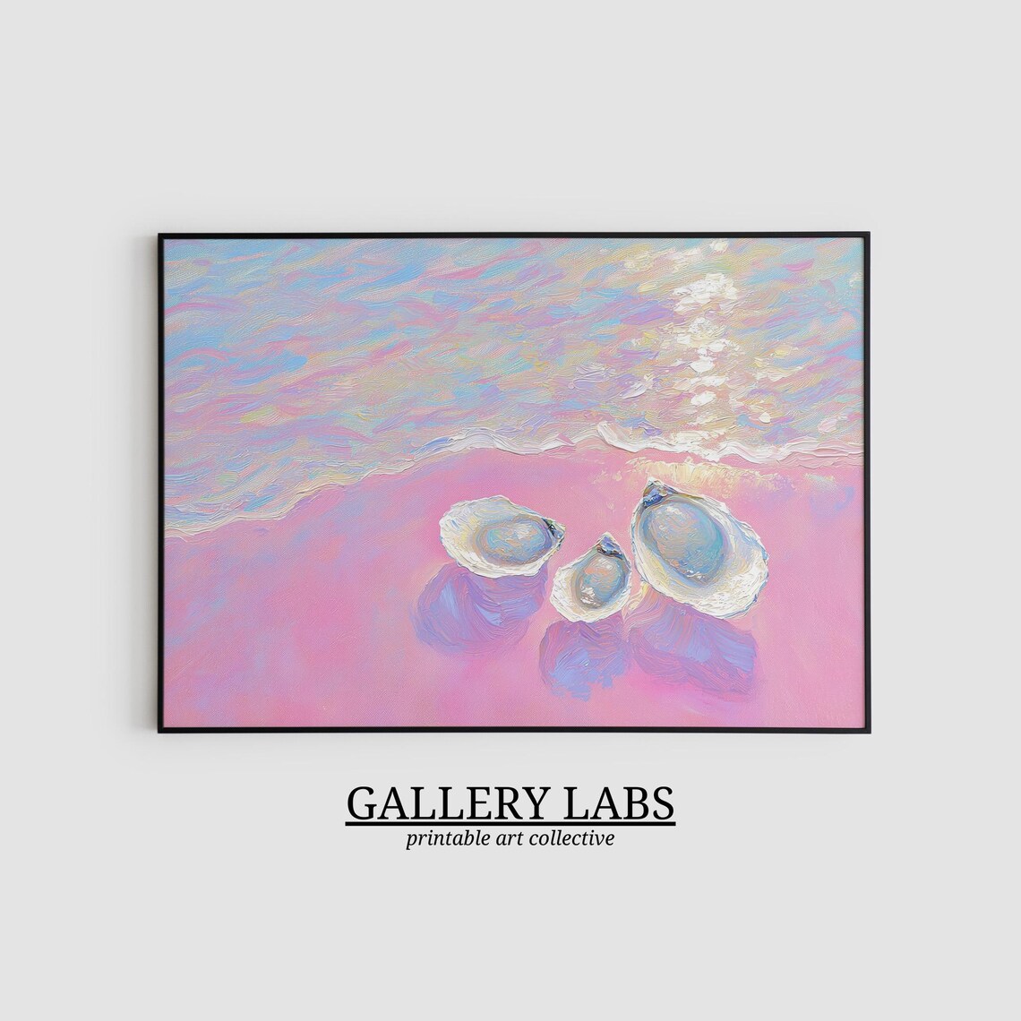 Oyster Shells on Pink Sand With Pastel Waves Dreamy Coastal Beach Painting Poster - Image 2