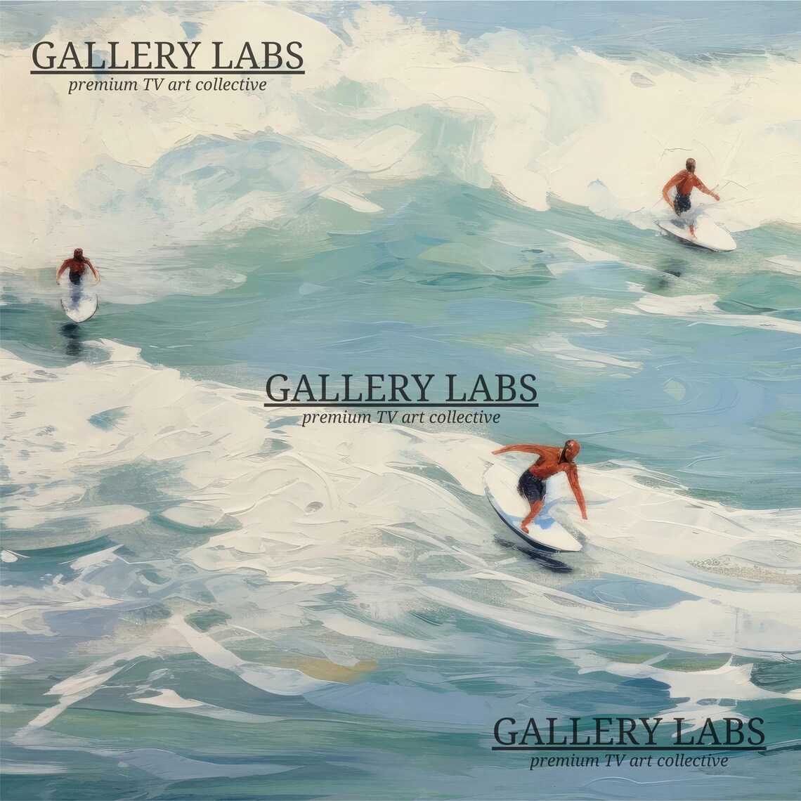 Retro Surfers Riding Rolling Turquoise Ocean Waves Painterly Beach Scene Art Print - Image 4
