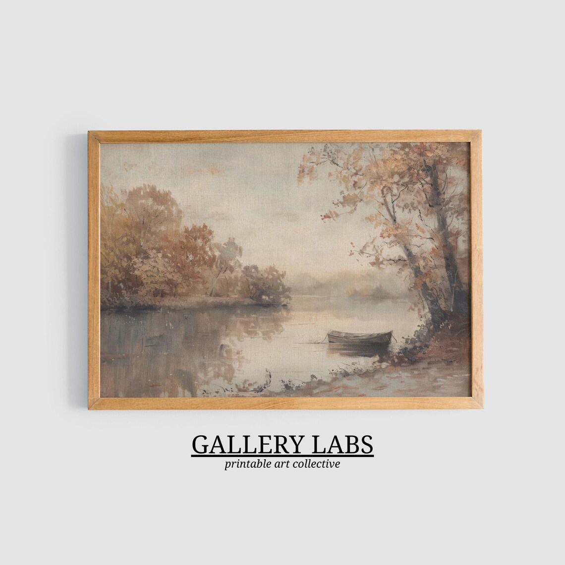 Wooden Rowboat on Misty Autumn Pond Ringed by Golden Foliage Soft Oil Painting Print - Image 3