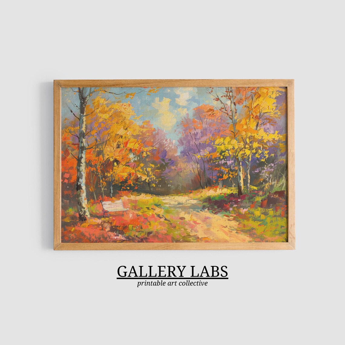 Autumn Forest Path with Park Bench Golden Foliage Landscape Wall Art Print - Image 3