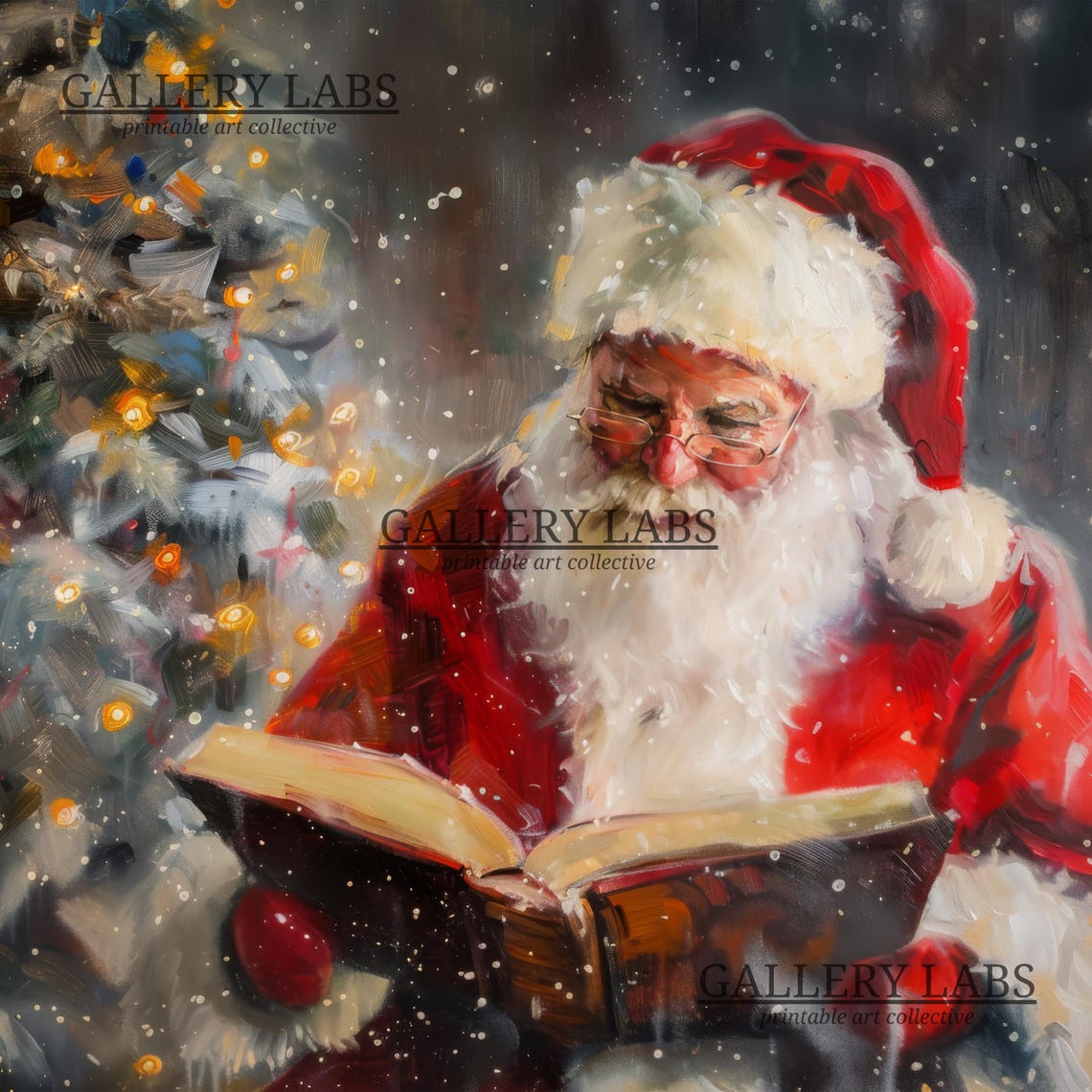 Santa Claus Reading Book Glowing Christmas Tree Snowy Night Poster - Image 4