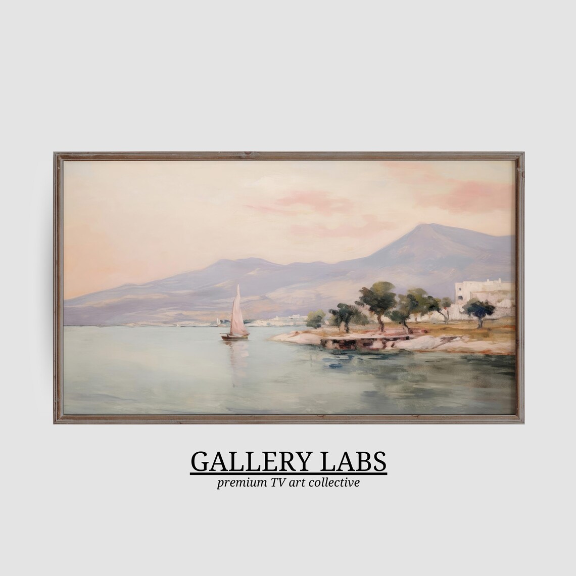 Vintage Sailboat Coastal Painting Muted Pink Seaside Harbor Wall Art Poster - Image 3