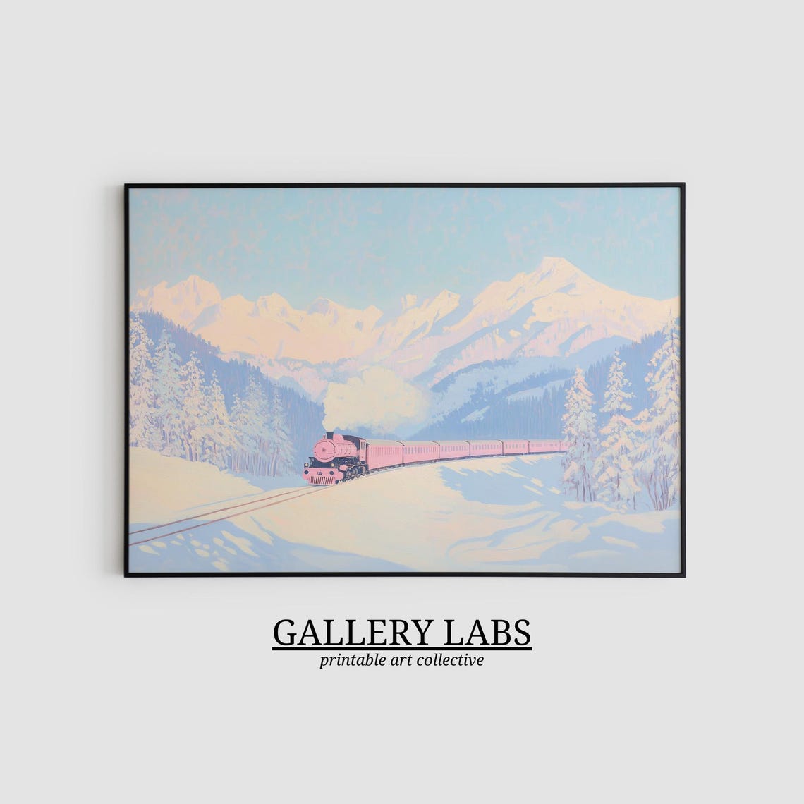 Pink Christmas Train Snowy Mountain Winter Landscape Wall Art - Image 2