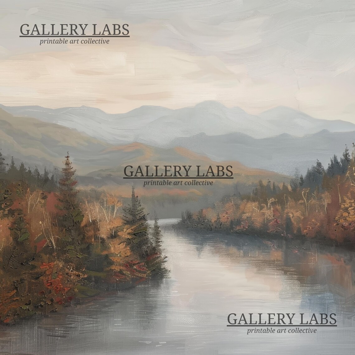 Autumn Pine Lake With Soft Morning Light and Misty Blue Mountain Layers Oil Painting - Image 4