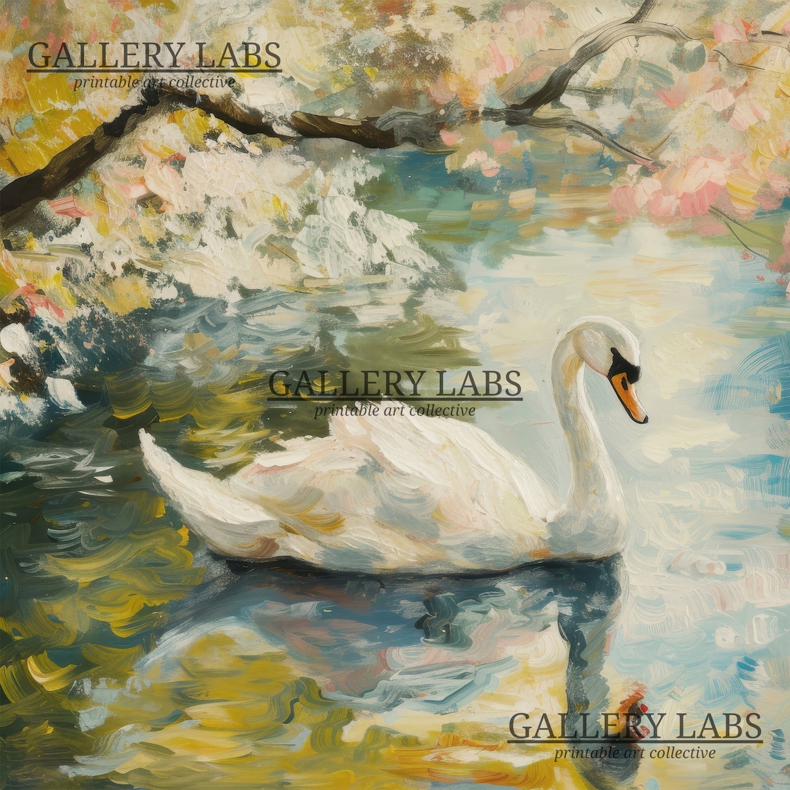 White Swan on Blossom Pond Painting Floral Lake Water Art Print - Image 4