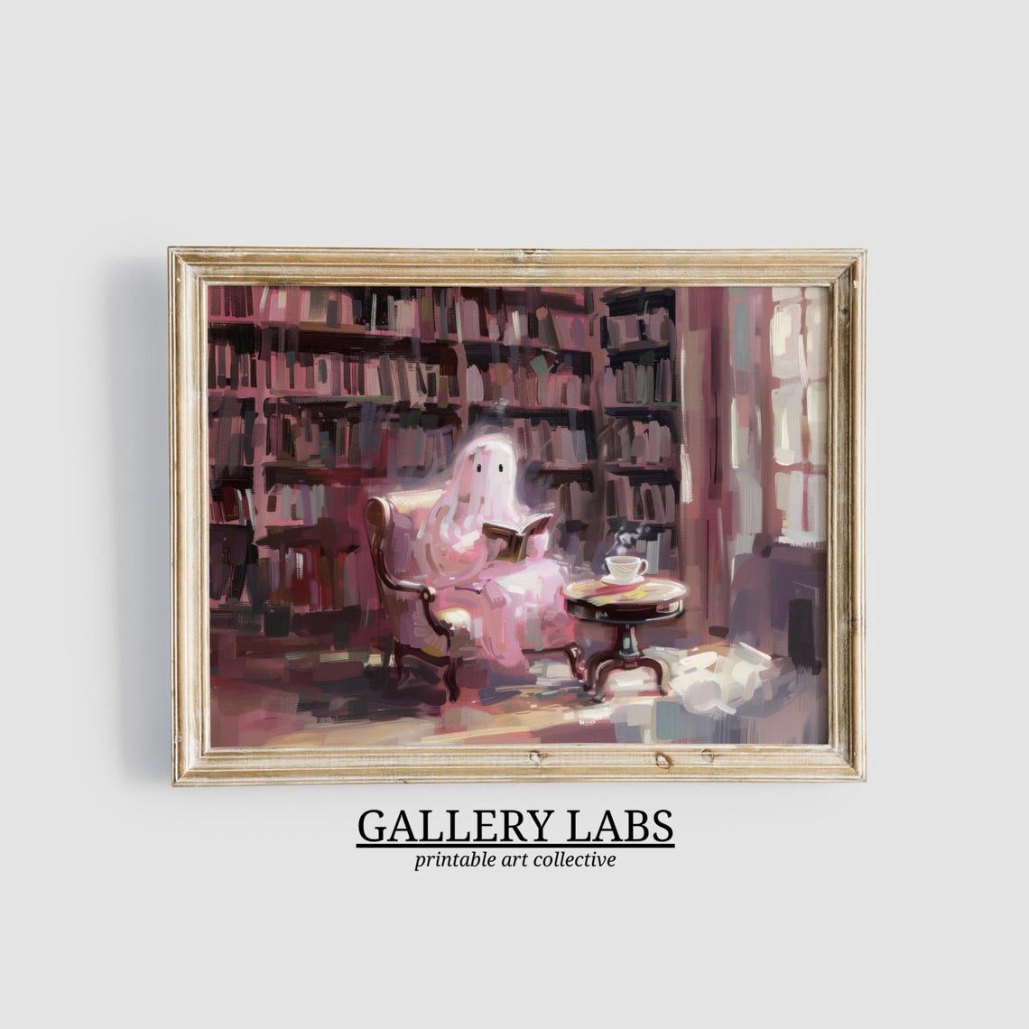 Cute Pink Ghost Reading Book in Cozy Library Halloween Wall Art Print