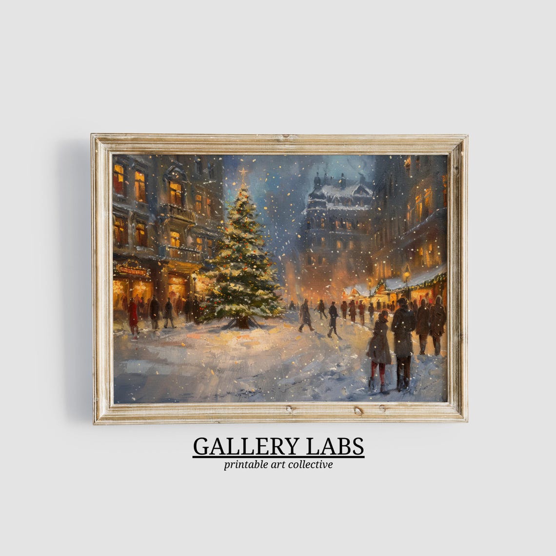 Snowy Christmas Square Night Tree Warm Shops Lights Travel Poster