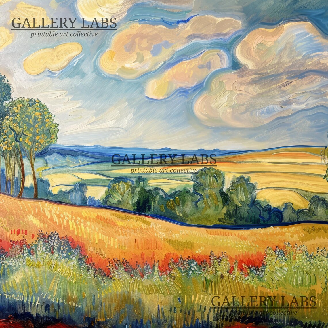 Post Impressionist Golden Field Landscape Dramatic Cloud Sky Wall Art Print - Image 4