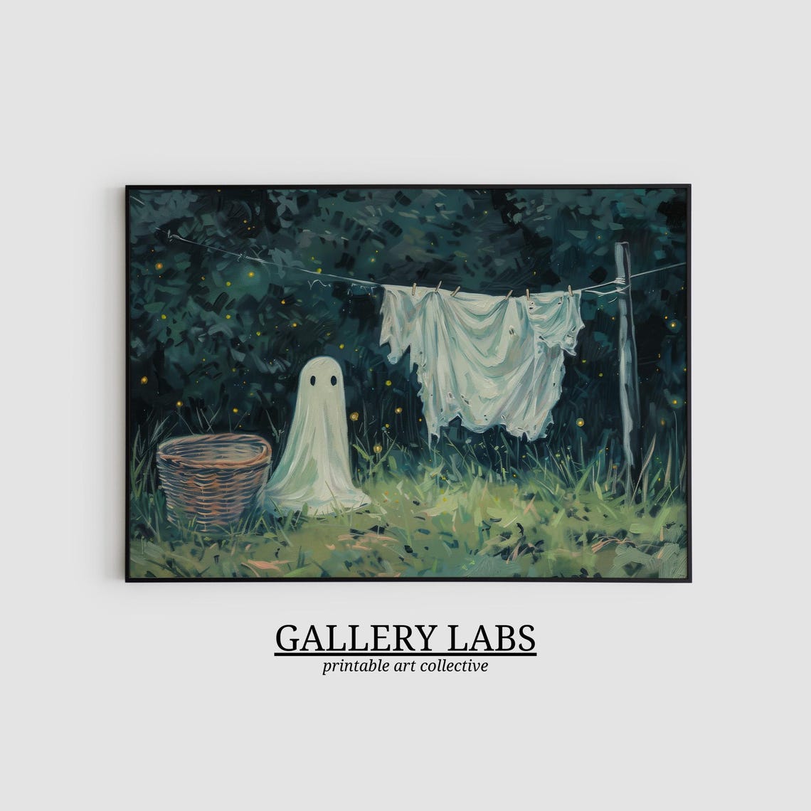 Cute Ghost Hanging Laundry Night Fireflies Spooky Halloween Art Poster - Image 2