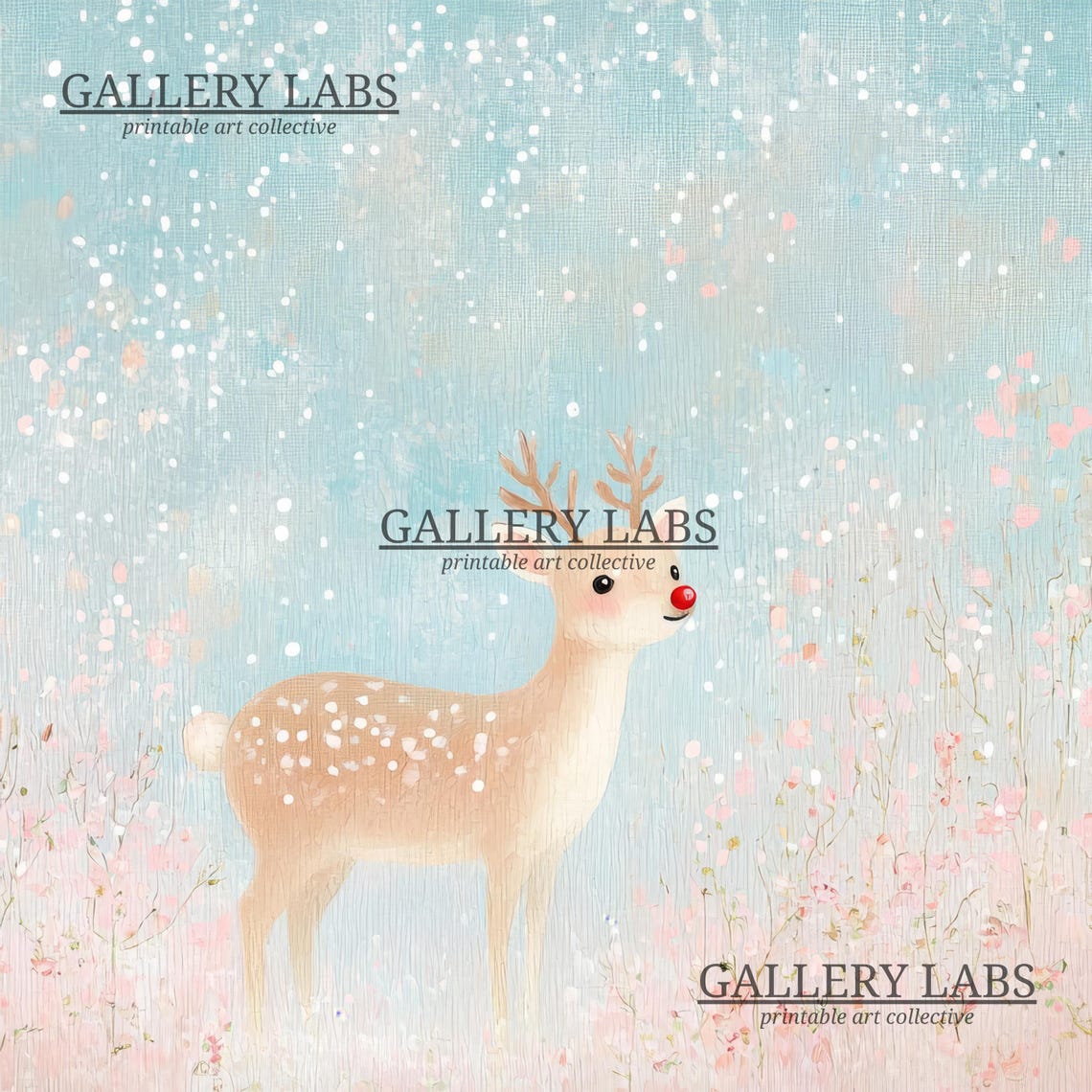 Cute Reindeer Snowy Pink Flower Field Christmas Wall Art Print - Image 4