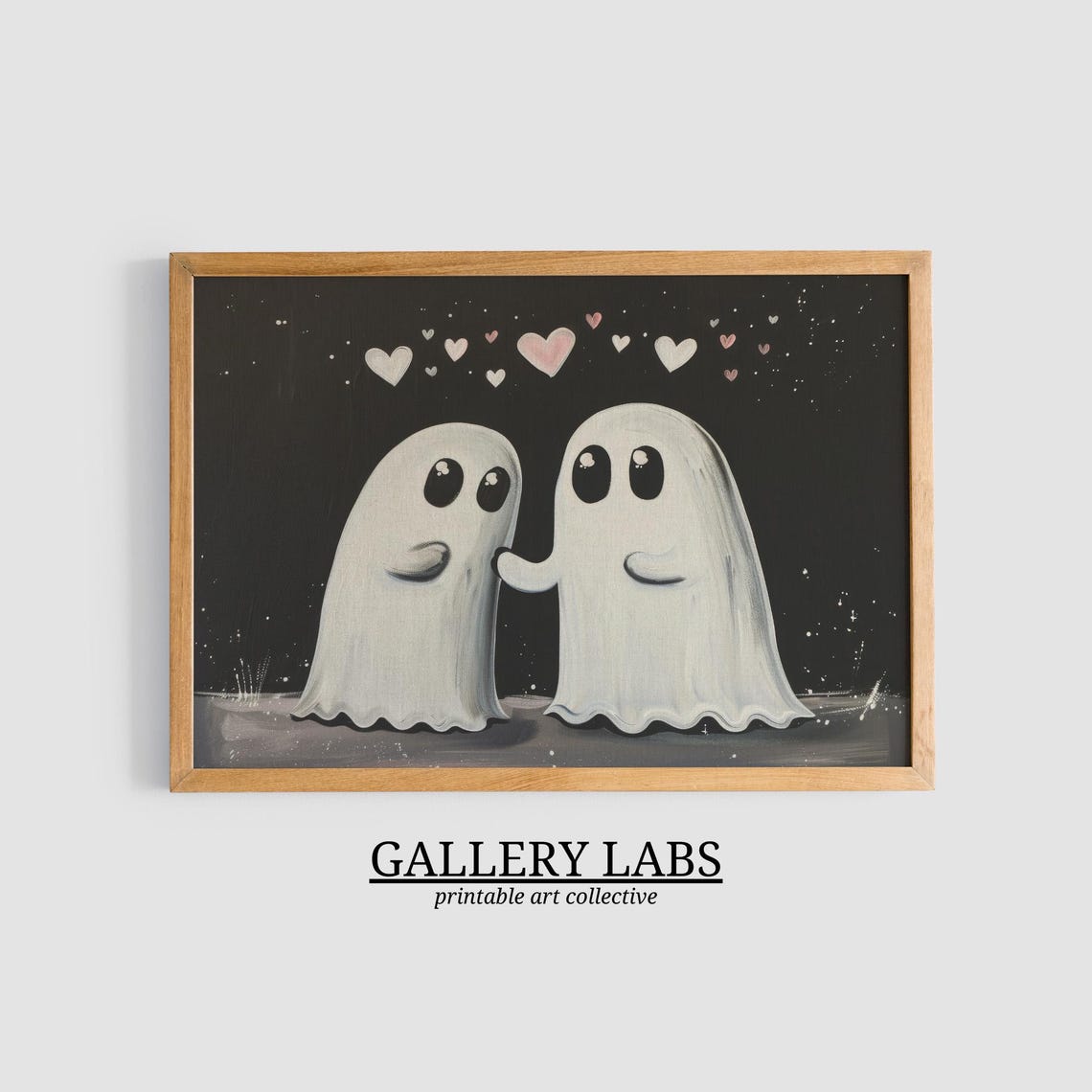 Cute Ghost Couple Holding Hands Hearts Night Spooky Painting Poster - Image 3