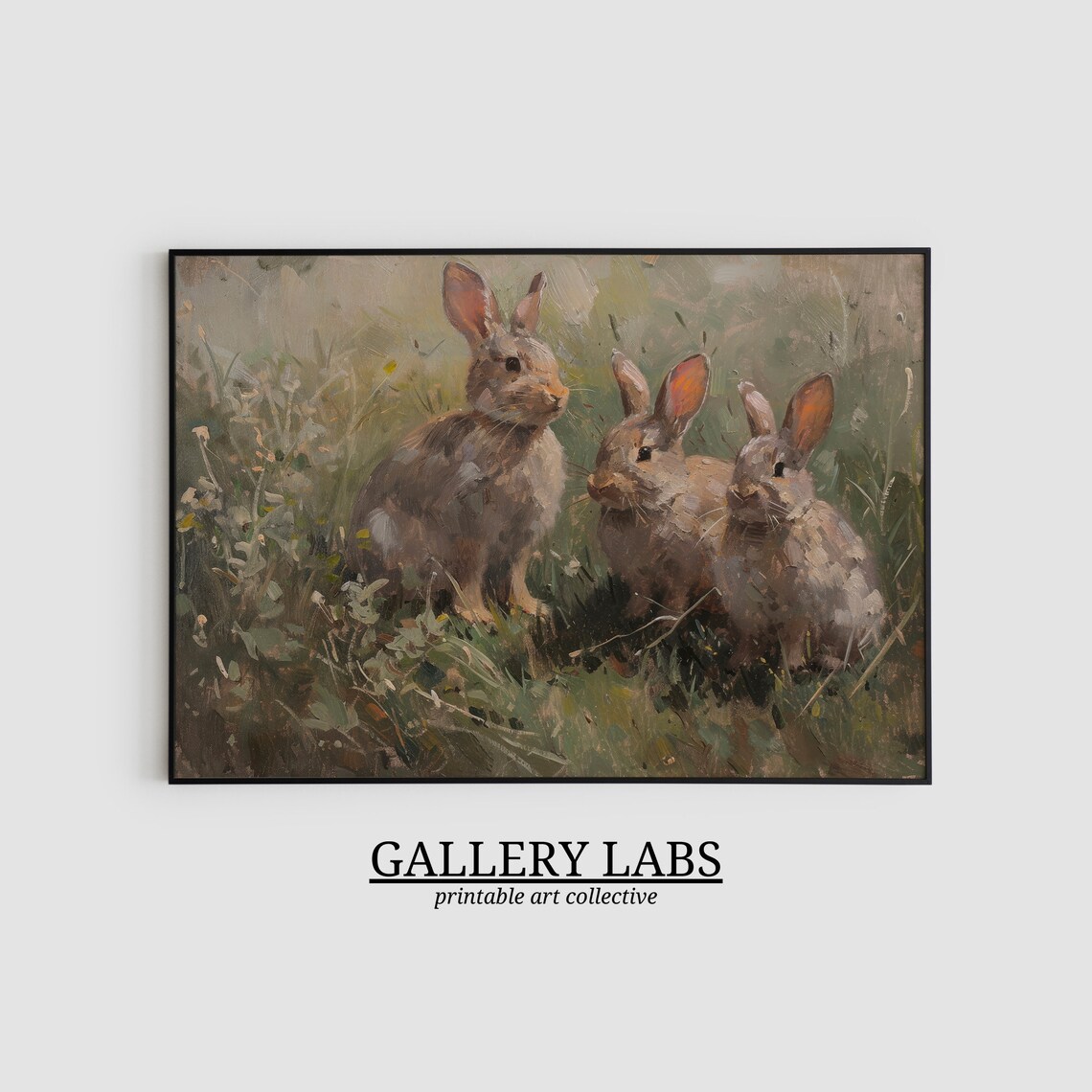 Three Brown Rabbits in Grass Vintage Oil Painting Woodland Art Print - Image 2
