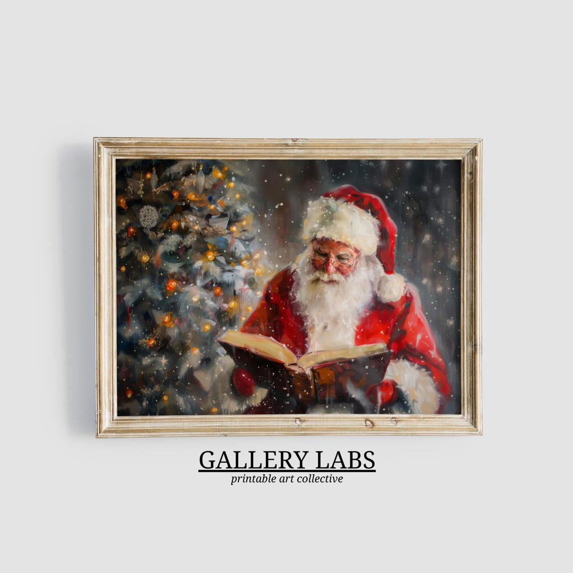 Santa Claus Reading Book Glowing Christmas Tree Snowy Night Poster