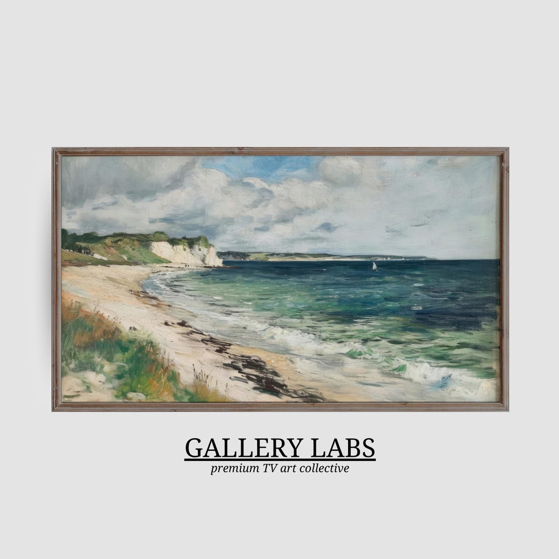 White Chalk Cliffs Green Headland Calm Sea Seascape Painting Poster - Image 3