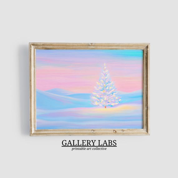 Pink Christmas Tree Painting Girly Winter Decor Trendy Holiday Wall Art Cute Christmas Snowy Landscape Art Festive Decor