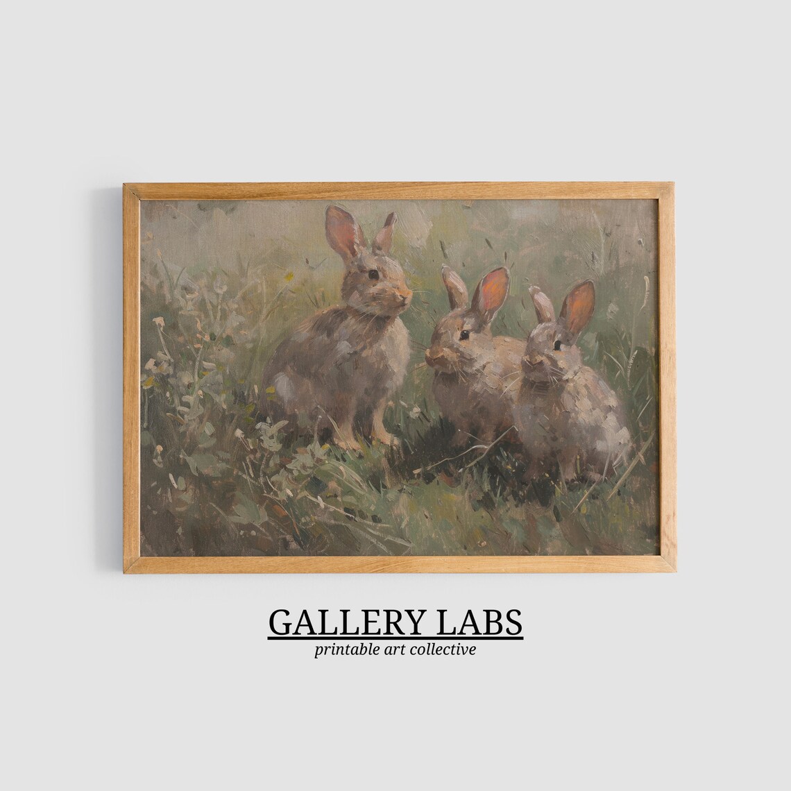 Three Brown Rabbits in Grass Vintage Oil Painting Woodland Art Print - Image 3