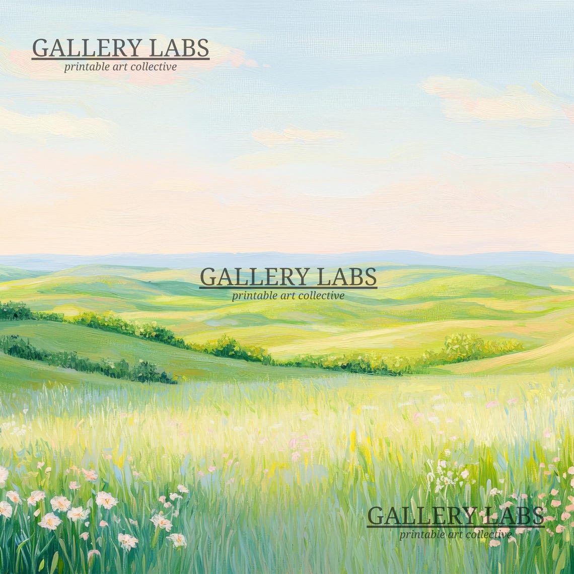 Daisy Field Painting Rolling Green Hills Pastel Sky Meadow Art Print - Image 4