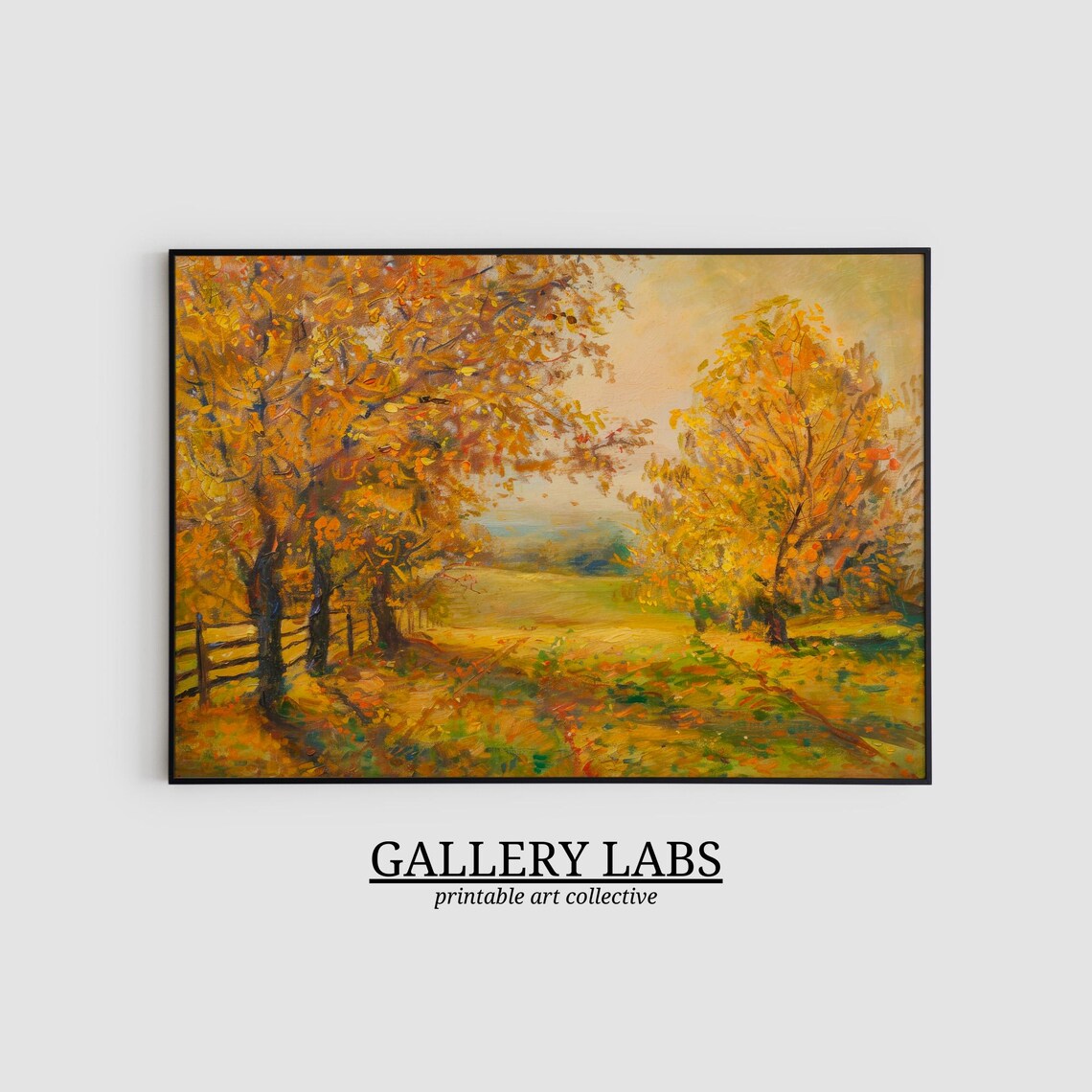 Golden Autumn Field Wooden Fence Sunlit Fall Landscape Art Print - Image 2