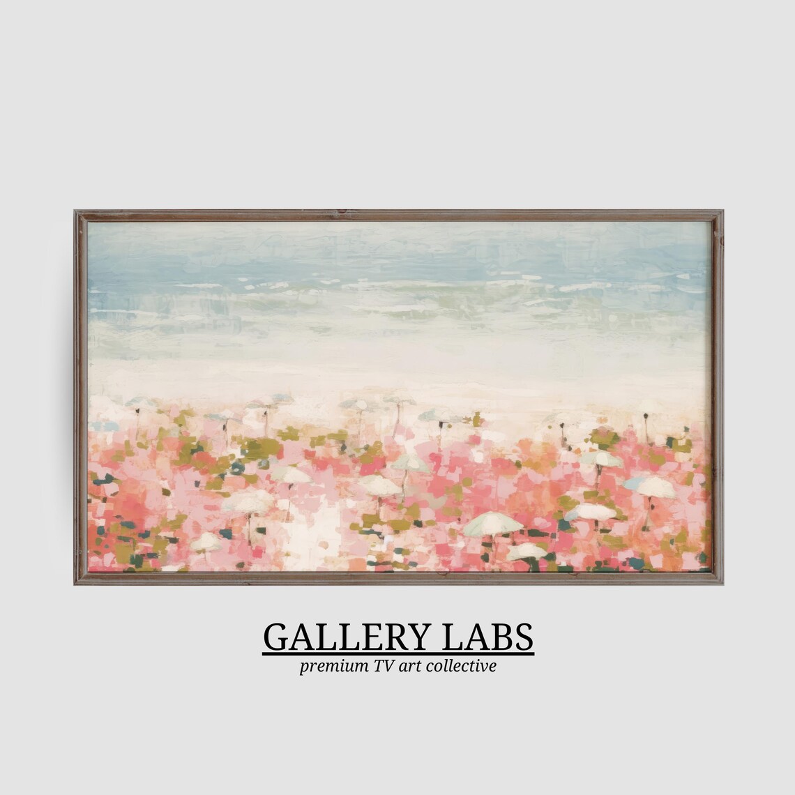 Dreamy Pink Blossom Field Stretching to Pale Blue Horizon Soft Impressionist Painting - Image 3