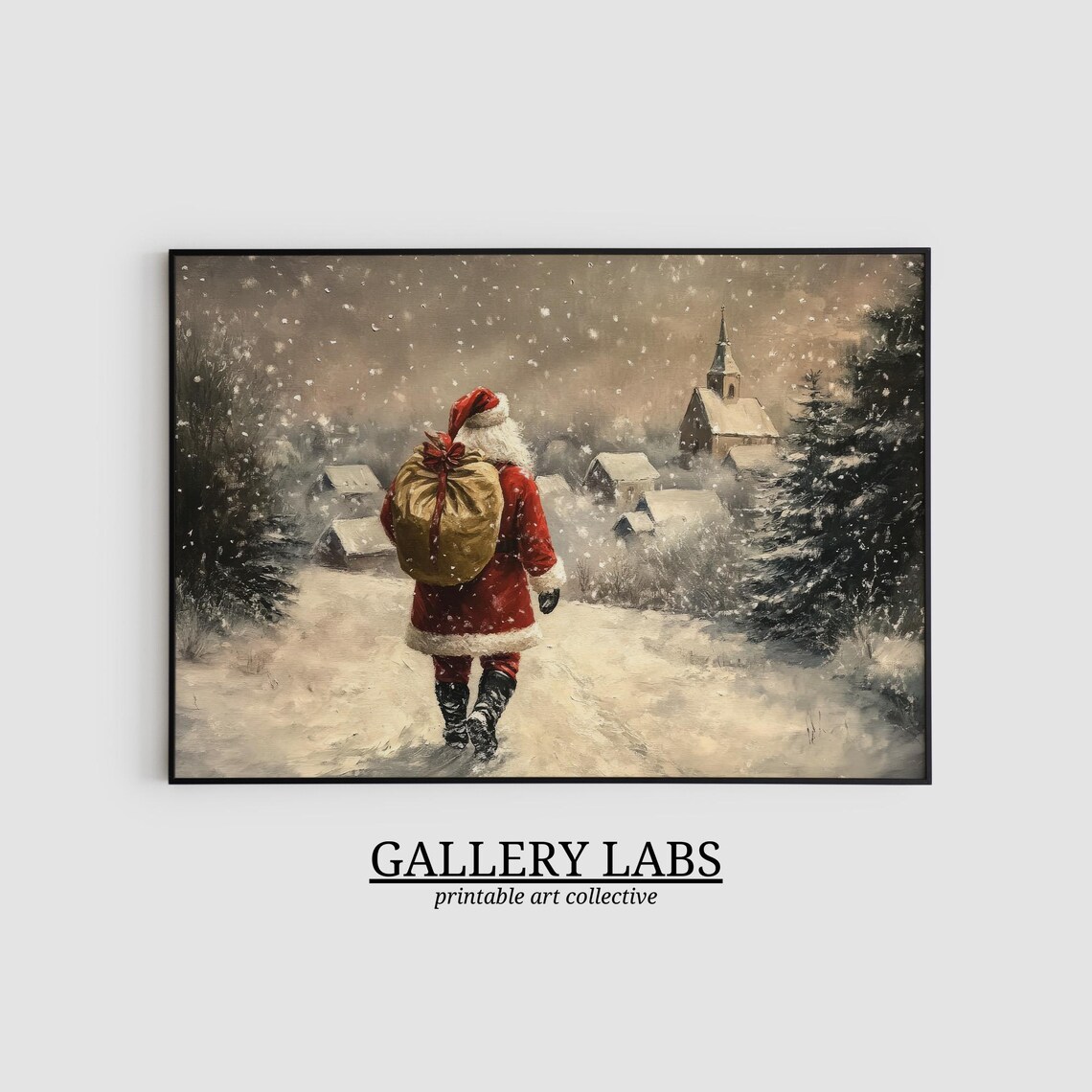 Vintage Santa Claus Snowy Village Walking Sack Christmas Art Poster - Image 2