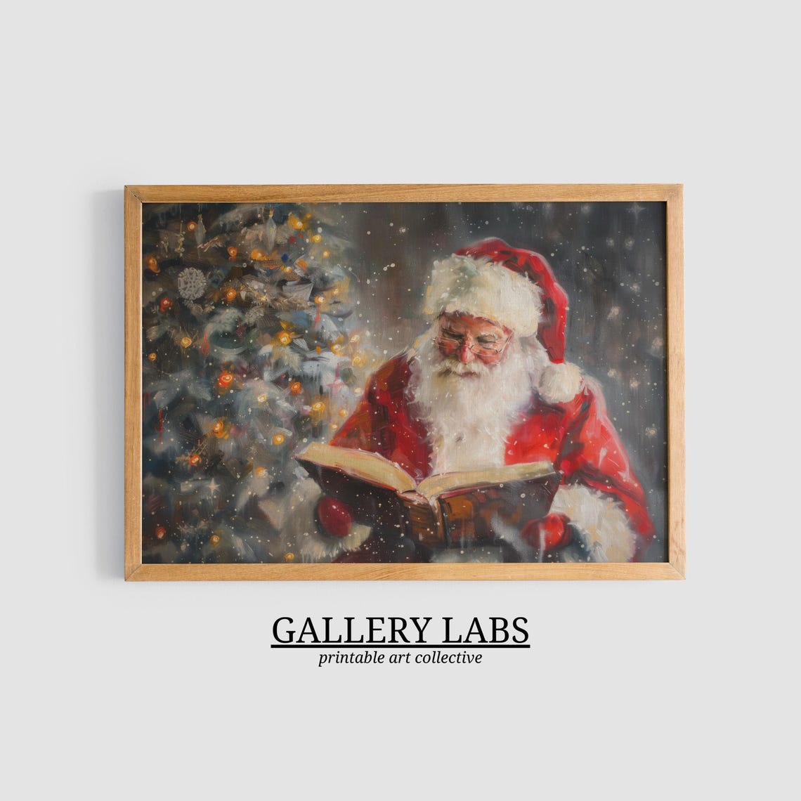 Santa Claus Reading Book Glowing Christmas Tree Snowy Night Poster - Image 3