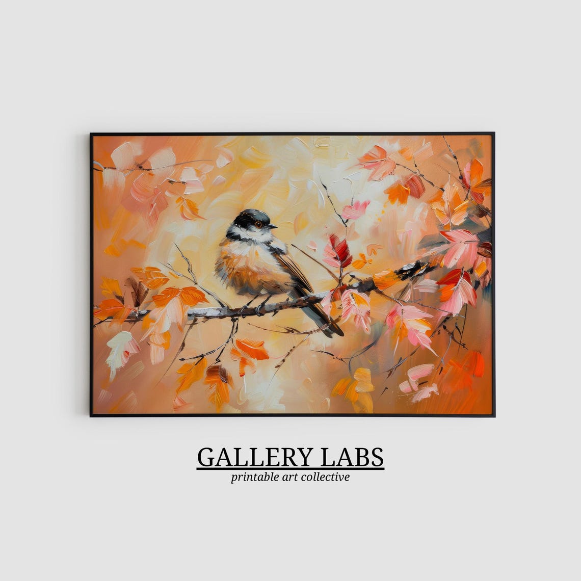 Little Songbird on Branch Autumn Leaves Warm Fall Painting Wall Art - Image 2