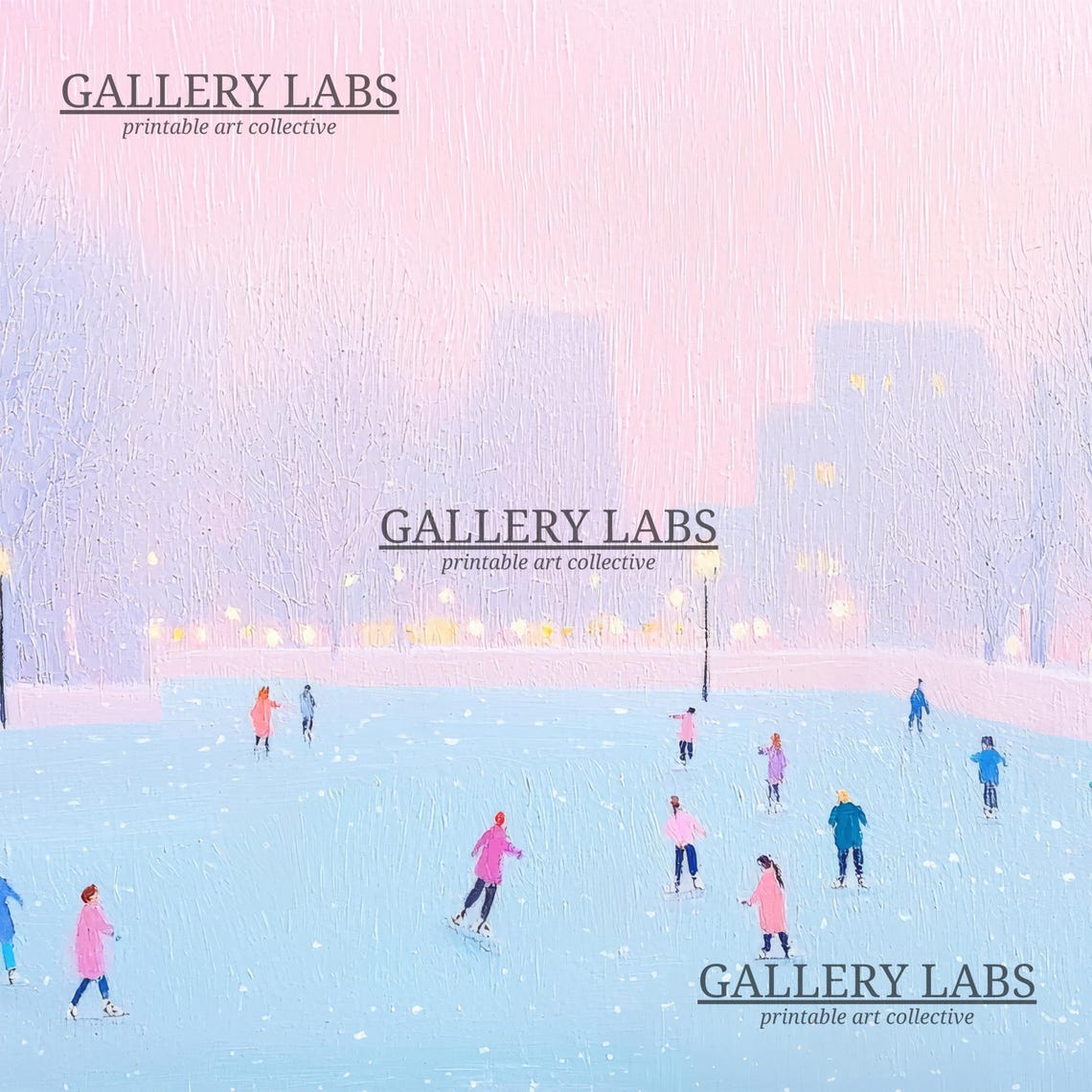 Pink Dusk Ice Skating Rink Skaters Winter Scene Painting Art Poster - Image 4