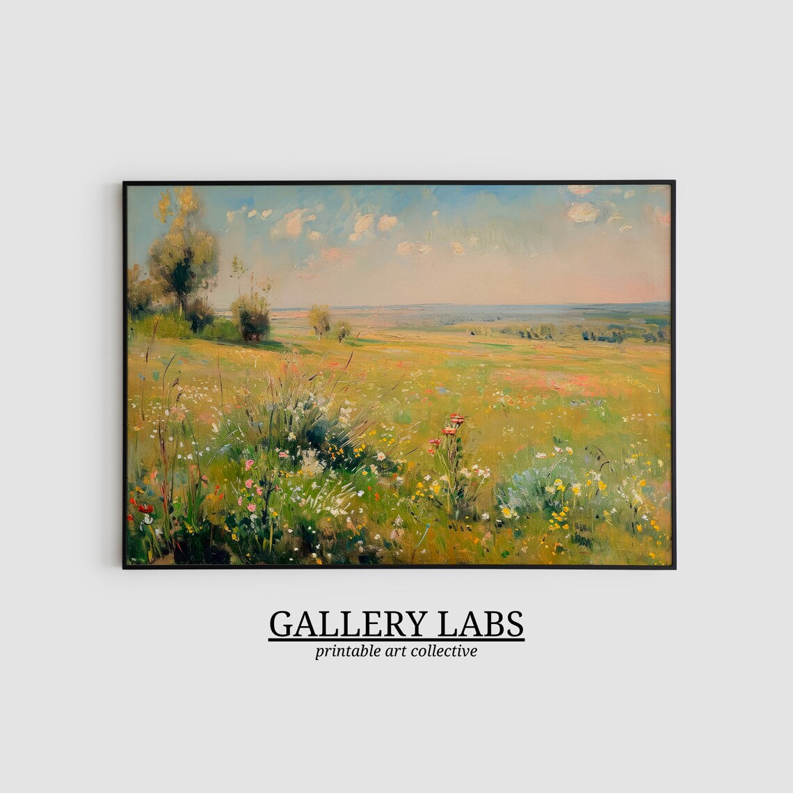 Golden Spring Meadow Wildflowers Pastel Sky Country Art Print - Image 2